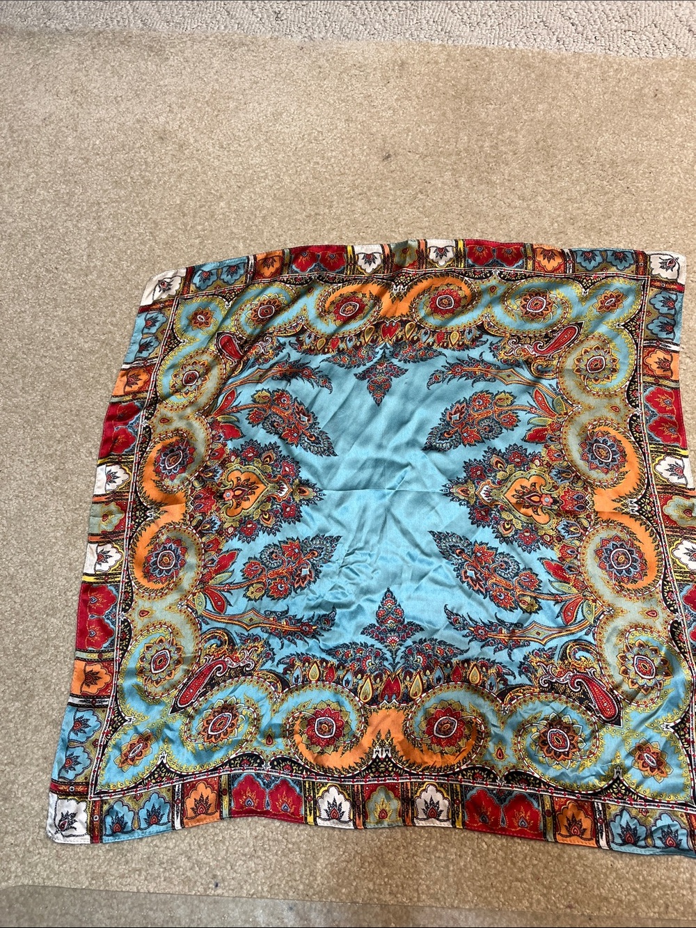 100% Silk Paisley Square Scarf Blue Orange Red Boho Vintage Inspired 25.5”